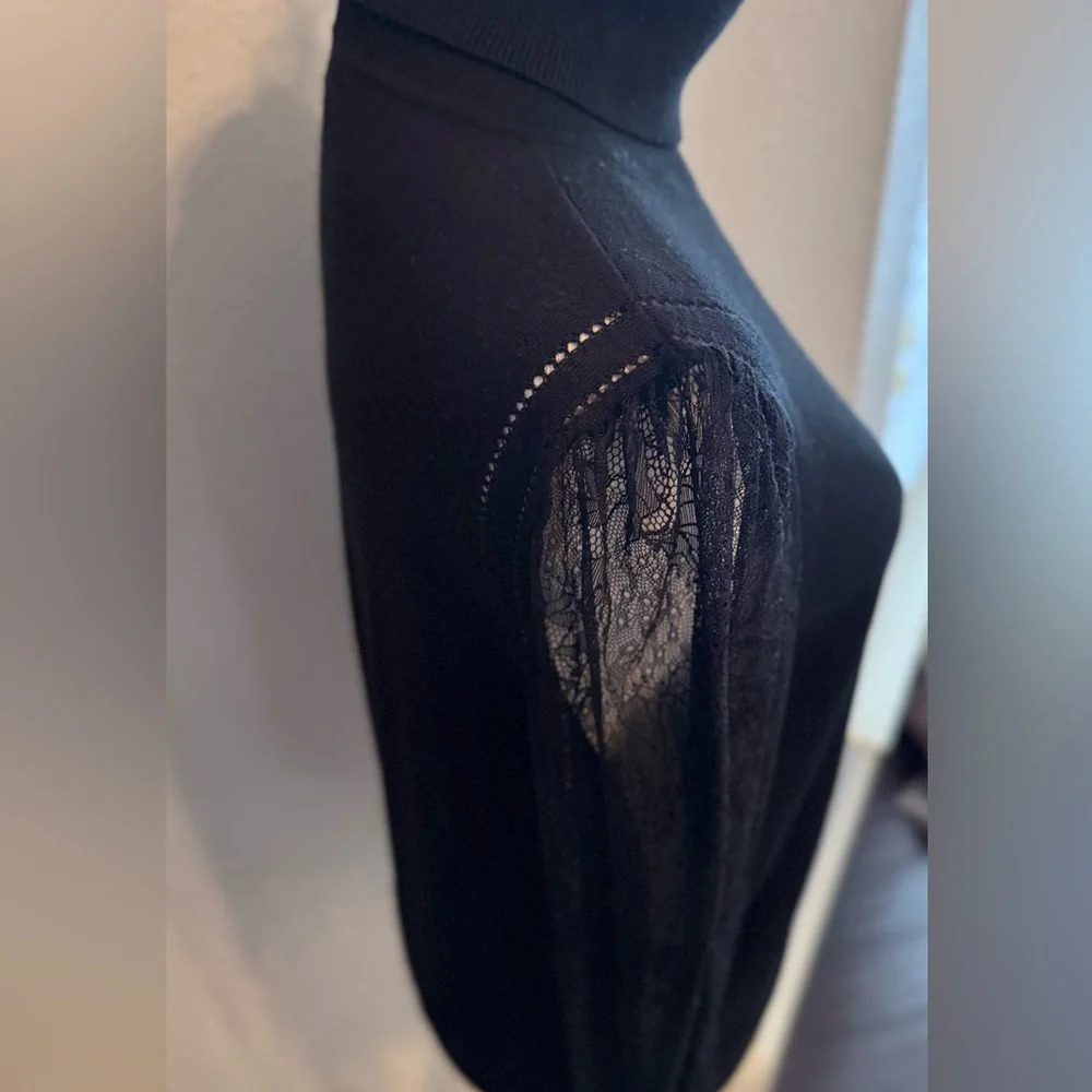 EQUIPMENT Femme Black Wool Silk Turtleneck Sweater Sheer Lace Sleeves Long Cuffs